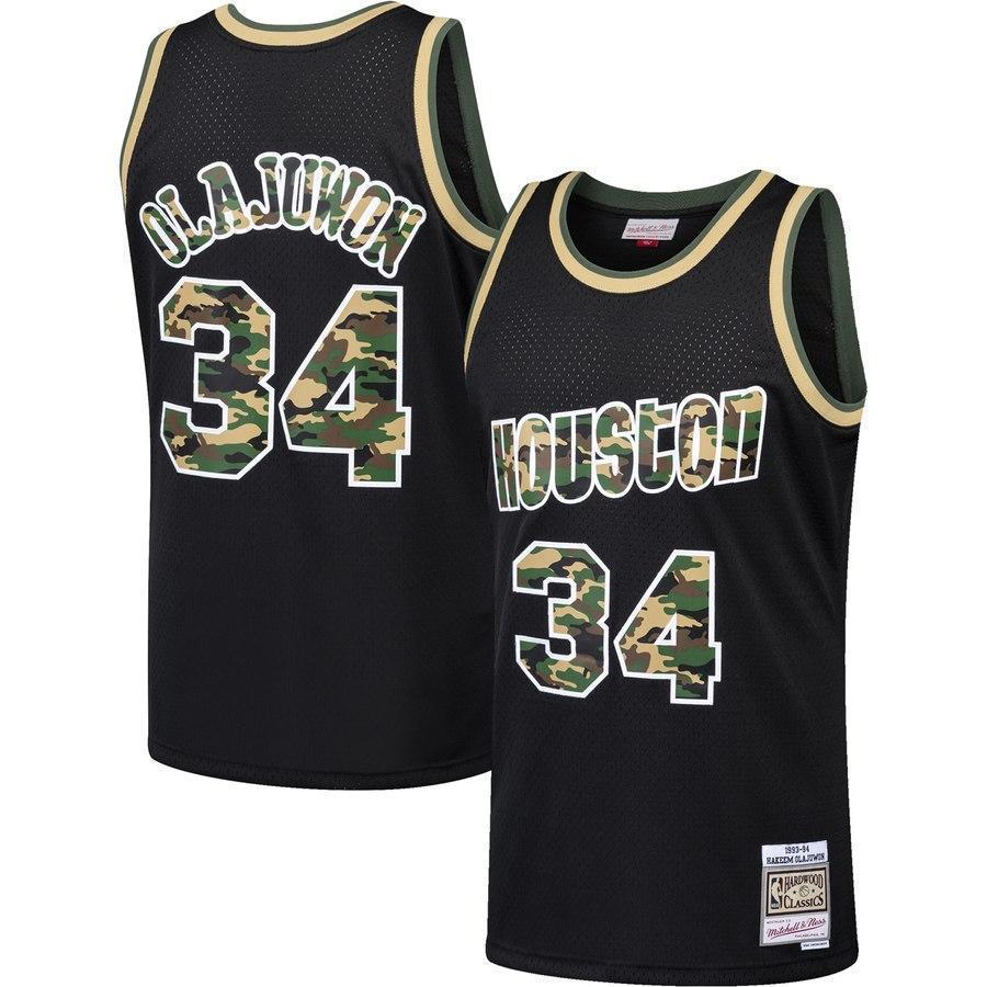 34-Hakeem Olajuwon Houston Rockets  Straight Fire Camo Swingman Jersey – Black
