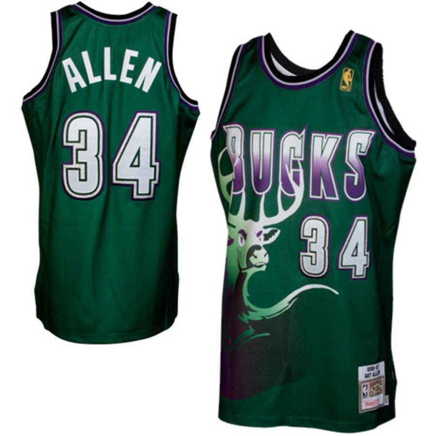 34-Mitchell & Ness Ray Allen Milwaukee Bucks 1996-1997 Hardwood Classics Throwback Authentic Jersey - Green