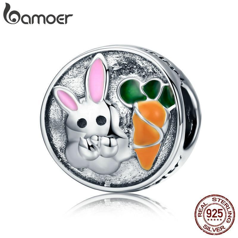 BAMOER 100% 925 Sterling Silver Easter Day Adorable Rabbit and Carrot Charm
