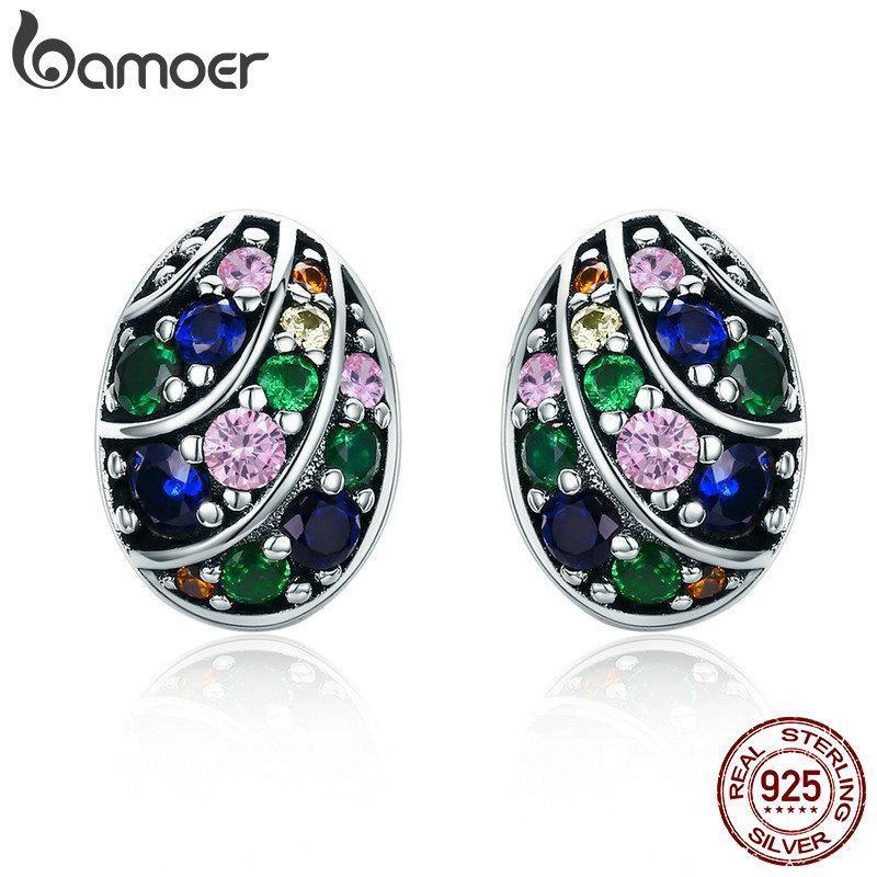 BAMOER 100% 925 Sterling Silver Easter Egg Colorful Earrings