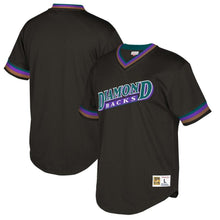 Load image into Gallery viewer, Arizona Diamondbacks Mitchell &amp; Ness Big &amp; Tall Cooperstown Collection Mesh Wordmark V-Neck Jersey – Black